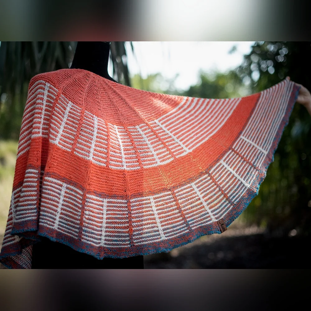 Hand Crafted OOAK Avantgarde Boho Striped Cotton Orange Blue Summer Knit Shawl - Picture 13 of 15